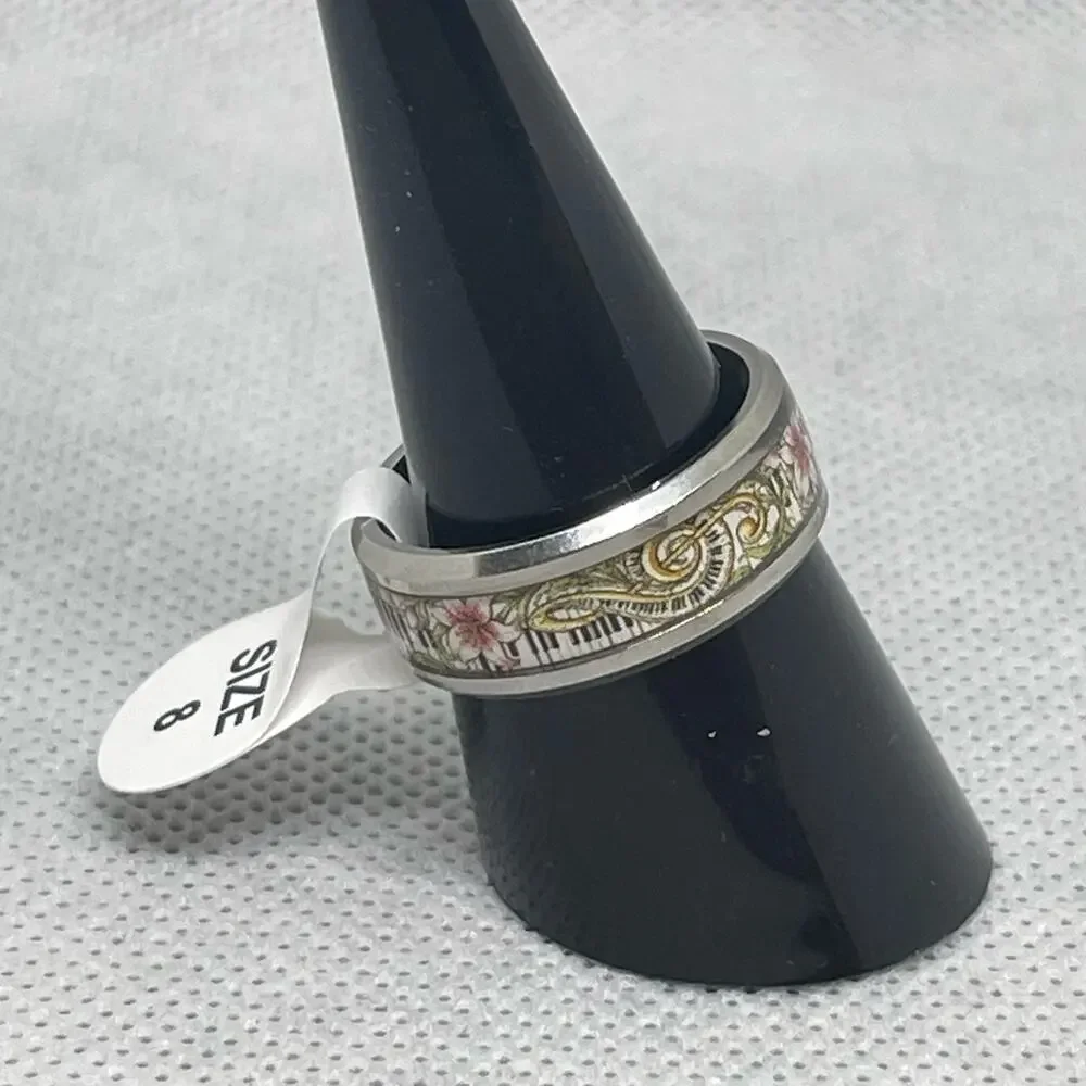 Music Lover Floral Keyboard Piano Treble Clef Stainless Steel Band Ring Sz 8.25